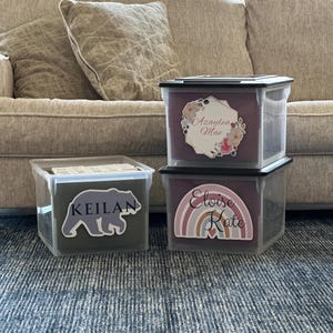May include: Three clear plastic storage bins with black lids. One bin features a grey bear decal with the name KEILAN. Another bin displays a floral hexagon decal with the name Azaylea Mae. The third bin shows a rainbow decal with the name Eloise Kate.