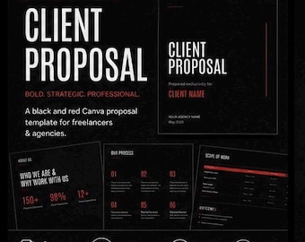 Freelance Agency Proposal Template Canva Black Red | Editable Client Proposal Presentation | Bold Editorial Agency Proposal PDF