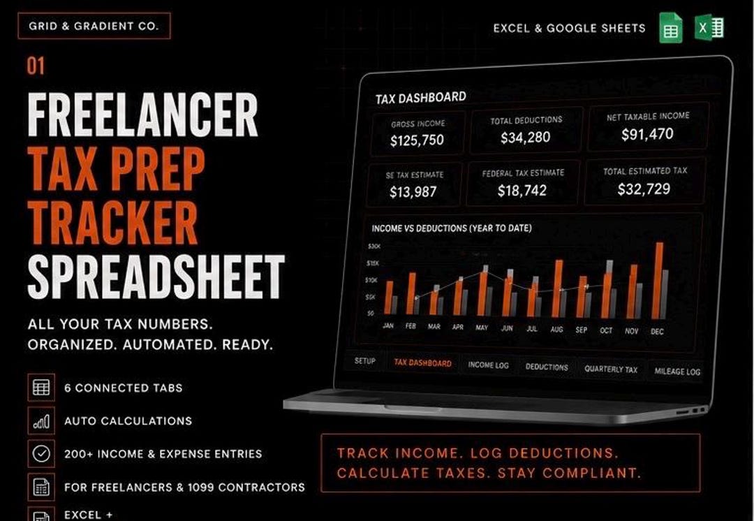 Freelancer Tax Tracker Spreadsheet | Income, Deductions, Mileage Log ...