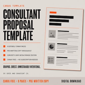 May include: A digital consultant proposal template featuring a light gray background with bold black text and neon orange accents. The layout includes nine editable pages, pre-written copy, and a document preview showing charts and text blocks.