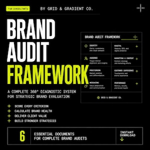 May include: Black graphic with white and yellow text. The words "BRAND AUDIT FRAMEWORK" are prominent. Additional text includes "A COMPLETE 360° DIAGNOSTIC SYSTEM" and "6 ESSENTIAL DOCUMENTS". The image is for consultants.