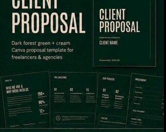 Freelance Agency Proposal Template Canva Dark Green Cream | Editable Client Proposal Presentation | Sophisticated Agency Proposal PDF