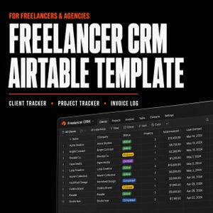 Może przedstawiać: Cyfrowy szablon Airtable CRM dla freelancerów z ciemnym interfejsem i białym tekstem. Ekran przedstawia tabelę śledzenia klientów z kolumnami dla nazwy, firmy, statusu, projektów, łącznej kwoty faktur oraz daty ostatniego kontaktu.