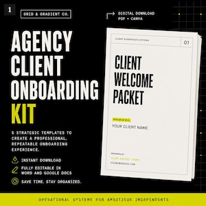 May include: A digital agency client onboarding kit template featuring a black background with white and yellow text. The document displays the title Client Welcome Packet, with placeholders for client name, agency name, and website URL in a clean layout.