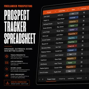 May include: A digital prospect tracker spreadsheet displayed on a tablet screen, featuring columns for company, contact name, status, and lead score. The interface uses a dark theme with orange headers and color-coded status labels for lead management.