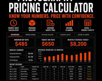 Photography Pricing Calculator Spreadsheet | Photographer Rate Calculator | Session Quote Excel Google Sheets