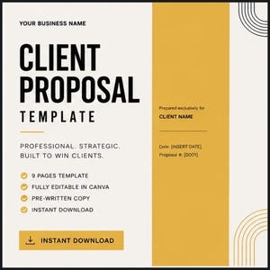 May include: A client proposal template with a modern design. The title "CLIENT PROPOSAL TEMPLATE" is in bold black font. The template includes sections for client name, date, and proposal number. It is described as professional, strategic, and built to win clients.