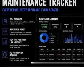 Landlord Maintenance Tracker Spreadsheet | Repair Log Appliance Register Contractor Directory | Rental Property Excel Google Sheets