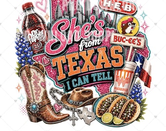 Hon är från Texas, jag kan säga PNG, hon är från Texas-designer, rosa PNG, flickaktigt västra Texas png, Bluebonnet cowboystövlar collage digital fil