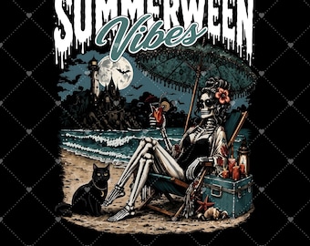 Sommarvibbar 2026 PNG, läskigt sommarskelett png, Halloweenstrand png, het spöksommar, sommarhalloween png, rolig sommarvibbpresent