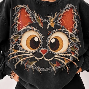 Black Cat Halloween PNG, Cute Cat Face with Frayed Fabric and Patchwork Stars, Faux Applique Sublimation Design, Digital Download