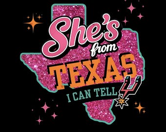 Hon är från Texas Basketball PNG, Go Spurs Go Vintage PNG, 90-talets neonbasket png, San Antonio-fangrafik, sublimering för matchdagen