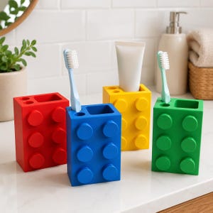Building Block Toothbrush Holder, Kids Bathroom Organizer, 3D Printed Decor
