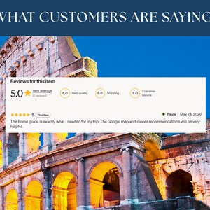 Puede incluir: Una superposici&oacute;n de rese&ntilde;a digital con el texto WHAT CUSTOMERS ARE SAYING y una calificaci&oacute;n de 5,0 estrellas. La rese&ntilde;a incluye el texto: The Rome guide is exactly what I needed for my trip. The Google map and dinner recommendations will be very helpful.
