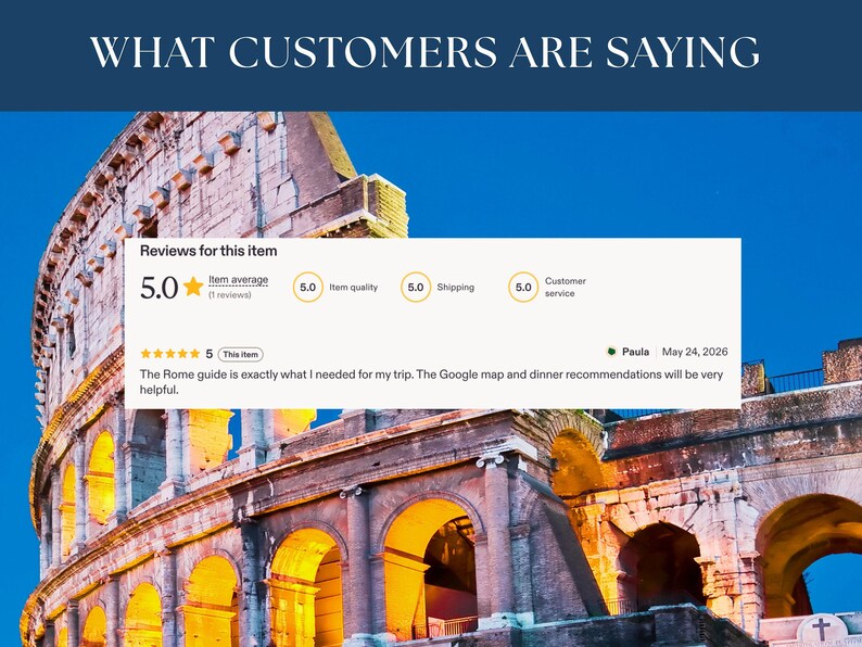 Puede incluir: Una superposici&oacute;n de rese&ntilde;a digital con el texto WHAT CUSTOMERS ARE SAYING y una calificaci&oacute;n de 5,0 estrellas. La rese&ntilde;a incluye el texto: The Rome guide is exactly what I needed for my trip. The Google map and dinner recommendations will be very helpful.