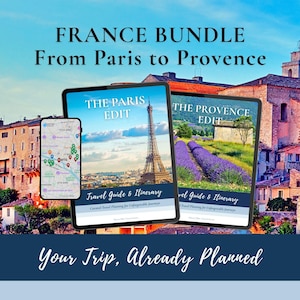Puede incluir: Un paquete digital de Francia que incluye un teléfono inteligente con un mapa de París, una tableta con la guía de viaje The Paris Edit con la Torre Eiffel y una tableta con la guía The Provence Edit con campos de lavanda, titulado France Bundle.