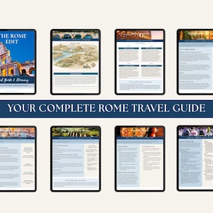 Puede incluir: Ocho pantallas de tableta digital que muestran una gu&iacute;a de viaje titulada The Rome Edit. Las p&aacute;ginas incluyen texto, mapas y fotograf&iacute;as del Coliseo y la arquitectura romana. Una franja azul oscuro en el centro dice YOUR COMPLETE ROME TRAVEL GUIDE.