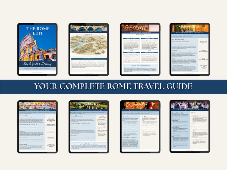 Puede incluir: Ocho pantallas de tableta digital que muestran una gu&iacute;a de viaje titulada The Rome Edit. Las p&aacute;ginas incluyen texto, mapas y fotograf&iacute;as del Coliseo y la arquitectura romana. Una franja azul oscuro en el centro dice YOUR COMPLETE ROME TRAVEL GUIDE.