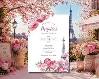 Einladung zum Junggesellinnenabschied in Paris, Frühling in Paris, florale Eiffelturm-Canva-Vorlage