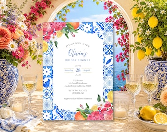 Einladung zur Brautparty mit italienischem Blumenmuster, Mittelmeerküste, blaue Fliesen-Canva-Vorlage