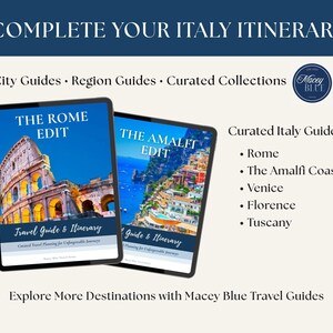 Puede incluir: Dos tabletas digitales que muestran gu&iacute;as de viaje tituladas The Rome Edit y The Amalfi Edit. El texto incluye Complete Your Italy Itinerary, City Guides, Region Guides, Curated Collections, Macey Blue y una lista de destinos que incluye Rome, The Amalfi Coast, Venice, Florence y Tuscany.
