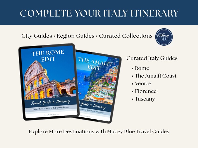 Puede incluir: Dos tabletas digitales que muestran gu&iacute;as de viaje tituladas The Rome Edit y The Amalfi Edit. El texto incluye Complete Your Italy Itinerary, City Guides, Region Guides, Curated Collections, Macey Blue y una lista de destinos que incluye Rome, The Amalfi Coast, Venice, Florence y Tuscany.