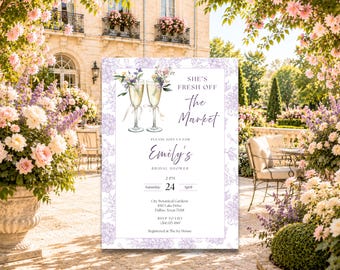 Sie ist frisch vom Markt, Lavendel-Einladung zum Junggesellinnenabschied, Champagner-Toast, florale Canvas-Vorlage