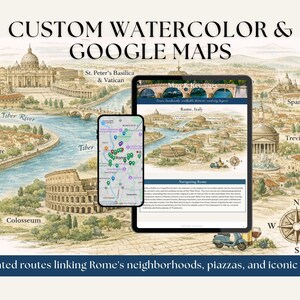 Puede incluir: Una pantalla digital que muestra un mapa personalizado en acuarela de Roma, Italia, junto a la pantalla de un tel&eacute;fono inteligente con una interfaz de Google Maps con varios pines de ubicaci&oacute;n. El gr&aacute;fico incluye etiquetas de monumentos.