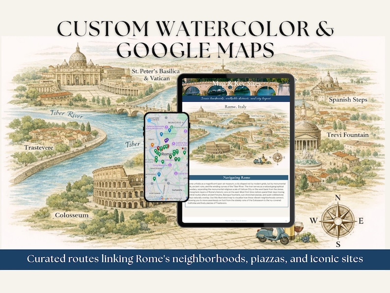 Puede incluir: Una pantalla digital que muestra un mapa personalizado en acuarela de Roma, Italia, junto a la pantalla de un tel&eacute;fono inteligente con una interfaz de Google Maps con varios pines de ubicaci&oacute;n. El gr&aacute;fico incluye etiquetas de monumentos.