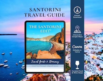 Itinerario de 4 días en Santorini, excursiones de un día, guía gastronómica y vinícola, acuarela personalizada y mapas de Google.