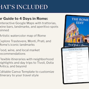 Puede incluir: Una gu&iacute;a de viaje digital titulada The Rome Edit con una foto del Coliseo, junto a una plantilla de registro de comida y vino. El texto enumera las inclusiones: mapas interactivos de Google, un mapa en acuarela, gu&iacute;as de barrios e itinerarios.