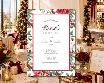 Invitación para despedida de soltera navideña, diseño floral de magnolia y flor de Pascua, despedida de soltera festiva, plantilla de Canva.