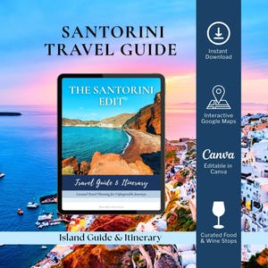 May include: A digital Santorini travel guide and itinerary displayed on a tablet screen. The cover features a coastal landscape with red cliffs and blue water. Text includes SANTORINI TRAVEL GUIDE, THE SANTORINI EDIT, and Island Guide & Itinerary.