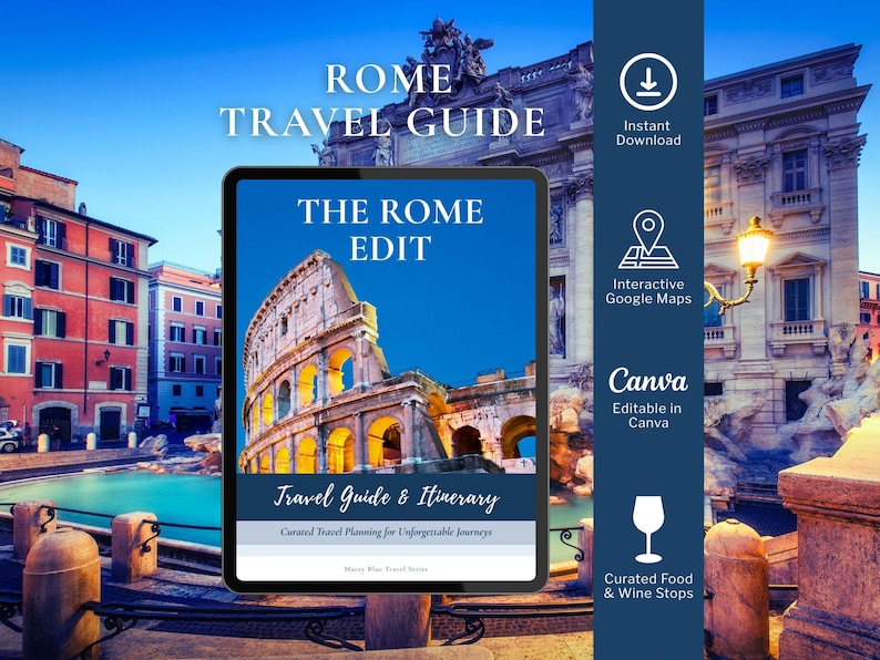 Puede incluir: Una tableta digital que muestra una gu&iacute;a de viajes de Roma titulada The Rome Edit, con una imagen del Coliseo. La pantalla incluye el texto Travel Guide & Itinerary y Curated Travel Planning for Unforgettable Journeys. Una barra lateral enumera funciones como Instant Download, Interactive Google Maps, Canva Editable in Canva y Curated Food & Wine Stops.