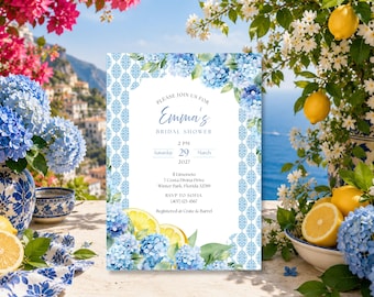 Einladung zum Junggesellinnenabschied an der Amalfiküste, Hortensien und Zitronen, blaue mediterrane Fliesen, Canva-Vorlage