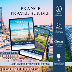 Paquete de viaje a Francia: itinerarios por París y Provenza, mapas personalizados de Google y guías gastronómicas locales.