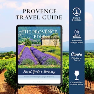 May include: A digital tablet displays a Provence Travel Guide with a lavender field and stone building on the screen. The text reads The Provence Edit, Travel Guide & Itinerary, and Curated Travel Planning for Unforgettable Journeys.