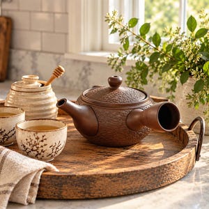 May include: A brown textured ceramic teapot with a side handle, two off-white ceramic tea cups featuring a dark branch pattern, and a matching off-white honey pot with a wooden dipper, all arranged on a round wooden serving tray.