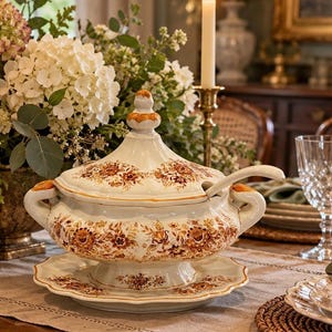 Peut inclure: Une soupière en céramique blanche avec couvercle et socle assortis, ornée d'un motif floral complexe dans les tons orange et marron. La soupière possède deux anses latérales, un bouton décoratif sur le couvercle et une louche assortie.