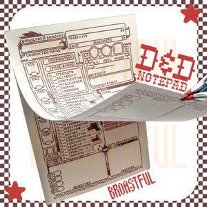 Pode incluir: Um bloco de notas de ficha de personagem de Dungeons & Dragons com um design de pixel art impresso em tinta vermelha escura em papel branco sujo. O bloco apresenta campos para nome, classe, nível, raça, alinhamento e inventário.