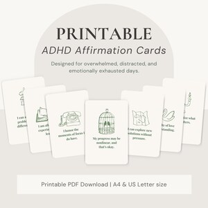May include: A set of white printable ADHD affirmation cards featuring green line art illustrations and text. The cards display various icons including a birdcage, telephone, and swan, with phrases like My progress may be nonlinear, and that's okay.
