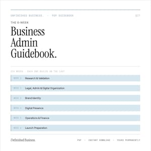 Puede incluir: Una guía PDF blanca titulada "Business Admin Guidebook" con un diseño azul claro y blanco. La guía es para un programa de 6 semanas e incluye temas como investigación, organización legal, identidad de marca y presencia digital.