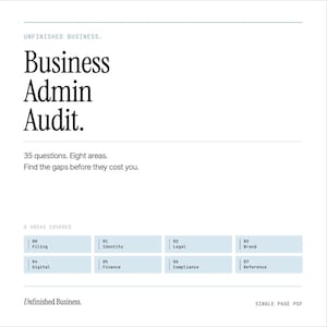 May include: A white document titled "Business Admin Audit" with the text "35 questions. Eight areas. Find the gaps before they cost you." Eight areas covered are listed, including Filing, Identity, Legal, Brand, Digital, Finance, Compliance, and Reference.
