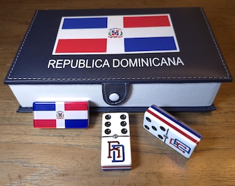 Republica Dominicana Jumbo Domino Set, Double 6, Metal Spinner, Leather Case