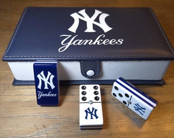 Yankees Jumbo Domino Set, Double 6, Metal Spinner, Leather Case