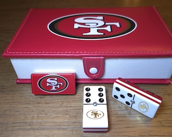 49'ers jumbo-dominoset, dubbel 6, metalen spinner, leren tas