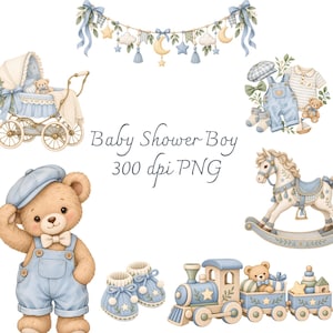 Pode incluir: Um conjunto de ilustrações digitais com um carrinho de bebé, um cavalo de baloiço, um comboio de brincar, um urso de peluche com jardineiras azuis e boné, roupa de bebé e uma grinalda decorativa com estrelas e luas, rotulado Baby Shower Boy 300 dpi PNG.