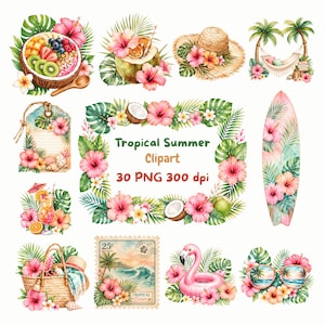 May include: Watercolor illustrations of tropical summer elements, including a surfboard, a flamingo float, a straw hat, and a coconut. The images are decorated with hibiscus flowers and tropical leaves. Text reads "Tropical Summer Clipart".