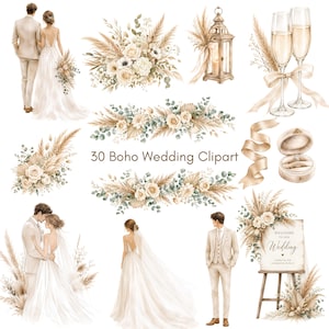 May include: A collection of 30 watercolour illustrations featuring wedding elements including a couple in formal attire, floral arrangements with pampas grass, a lantern, champagne flutes, a ring box, a ribbon, and a welcome sign with text.