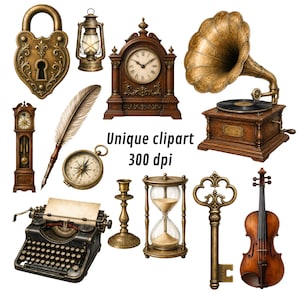 May include: A collection of vintage-style illustrations including a brass padlock, lantern, mantel clock, gramophone, grandfather clock, quill pen, compass, typewriter, candlestick, hourglass, ornate key, and violin with the text Unique clipart 300 dpi.